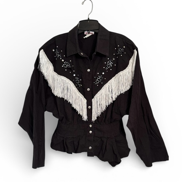 Neiman Marcus Western Top Shirt Black White Tassels Leather Appliqué 10 M - Picture 2 of 4